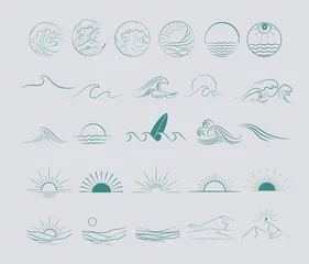 Foto auf Alu-Dibond Collection of Summer Boho linear symbols, icons design. Sun, sea waves, landscape. Editable Vector Illustration. © miobuono