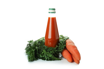 Bottle of juice and carrot isolated on white background