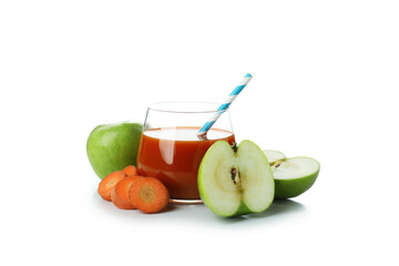 Glass of juice and ingredients isolated on white background