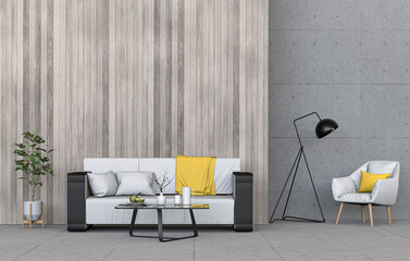 interior living room wall concrete with sofa, plant, lamp, decoration, 3D render