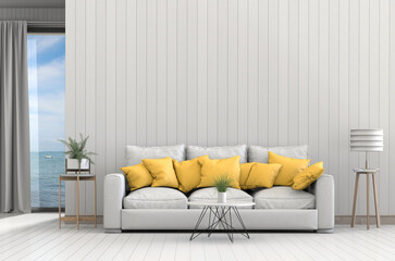 interior modern living room with sofa,  plant, lamp, 3D render