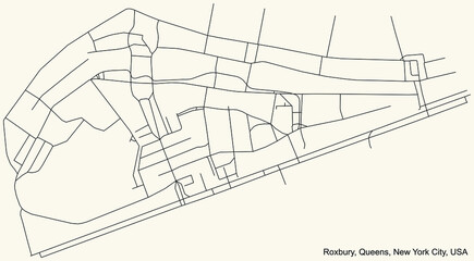 Black simple detailed street roads map on vintage beige background of the quarter Roxbury neighborhood of the Queens borough of New York City, USA