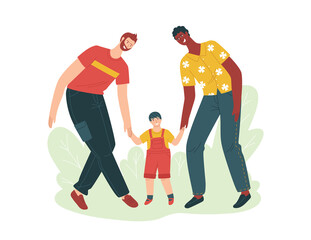Color vector isolated illustration about adoption. Two fathers are playing with a child in the park. Same-sex couples' partnership with a child. Father's day. Mixed interracial couples. 