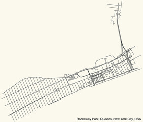 Black simple detailed street roads map on vintage beige background of the quarter Rockaway Park neighborhood of the Queens borough of New York City, USA