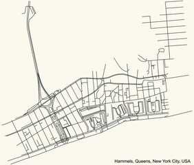 Black simple detailed street roads map on vintage beige background of the quarter Hammels neighborhood of the Queens borough of New York City, USA