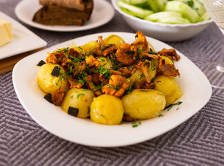 rustic dish. fried potatoes with chanterelle mushrooms with herbs