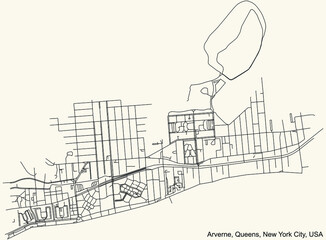 Black simple detailed street roads map on vintage beige background of the quarter Arverne neighborhood of the Queens borough of New York City, USA