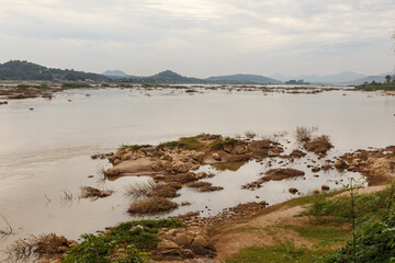 Natural landscape of Mekong River. Border between Laos and Thailand. View of the river from Laos.
