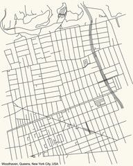 Black simple detailed street roads map on vintage beige background of the quarter Woodhaven neighborhood of the Queens borough of New York City, USA