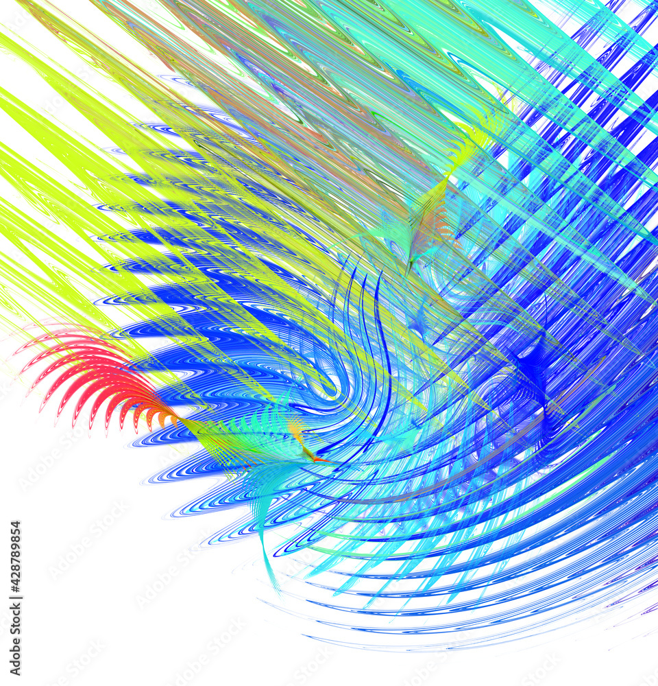 Poster colorful abstract fractal striped background with waves, zigzags and stylized leaves. 3d rendering. 