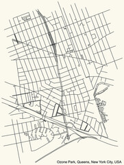 Black simple detailed street roads map on vintage beige background of the quarter Ozone Park neighborhood of the Queens borough of New York City, USA