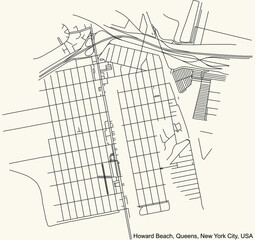 Black simple detailed street roads map on vintage beige background of the quarter Howard Beach neighborhood of the Queens borough of New York City, USA
