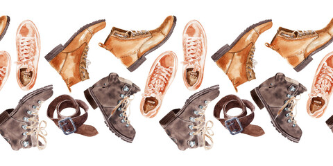 A set of watercolor seamless borders with various things and accessories for men's wardrobe
