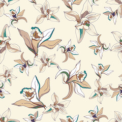 Light tropical pattern of vanilla and lily flowers. Delicate vector seamless background in pastel colors