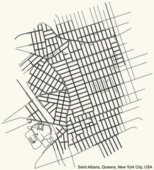 Black simple detailed street roads map on vintage beige background of the quarter Saint Albans neighborhood of the Queens borough of New York City, USA