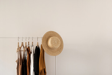 Aesthetic minimalist fashion influencer blog composition. Stylish pastel summer female clothes, dress, tops, t-shirts, straw hat on clothing rack against white wall. Fashion women wear