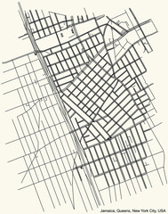 Black simple detailed street roads map on vintage beige background of the quarter Jamaica neighborhood of the Queens borough of New York City, USA