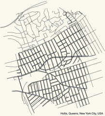 Black simple detailed street roads map on vintage beige background of the quarter Hollis neighborhood of the Queens borough of New York City, USA