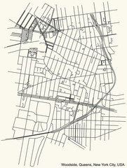 Black simple detailed street roads map on vintage beige background of the quarter Woodside neighborhood of the Queens borough of New York City, USA