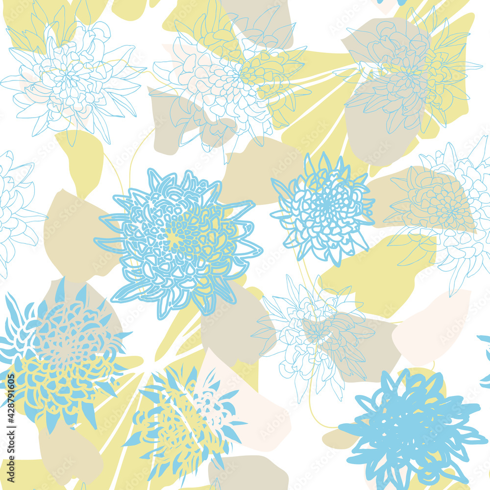 Poster floral botanical vector seamless pattern with hand drawn chrysanthemums flowers and tropical leaves 