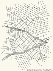 Black simple detailed street roads map on vintage beige background of the quarter Elmhurst neighborhood of the Queens borough of New York City, USA