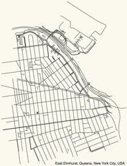 Black simple detailed street roads map on vintage beige background of the quarter East Elmhurst neighborhood of the Queens borough of New York City, USA