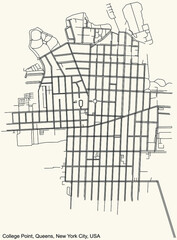 Black simple detailed street roads map on vintage beige background of the quarter College Point neighborhood of the Queens borough of New York City, USA