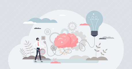 Business ideas innovation as creative solution thinking tiny person concept. Inspirational company development as light bulb, brain and socket vector illustration. New businessman project launch.