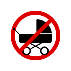 Baby carriage not allowed sign. Children stroller prohibition sign. Forbidden round sign. Vector illustration