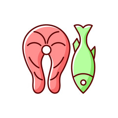 Fish RGB color icon. Marine food raw ingredient. Fresh salmon, cooked tuna. Healthy eating, protein dense foodstuff in diet. Common allergen. Allergy cause. Isolated vector illustration