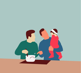 Young Lgbt family at home. Gay couple with their adopted cute daughters cooking on kitchen. Same-sex marriage and LGBT relationship concept.