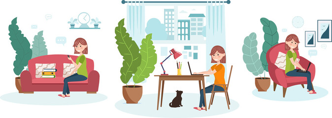 
Work from home. Set of design concepts. Freelancer woman sitting in the living room on the couch with a mobile phone, laptop, work folders. Vector illustration