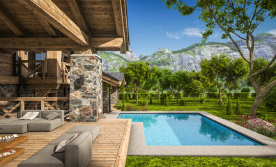 3d rendering of modern cozy chalet with pool and parking for sale or rent. Beautiful forest mountains on background. Massive timber beams columns. Clear sunny summer day with cloudless sky.