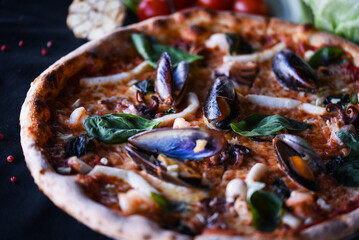 delicious italian pizza with fresh seafood