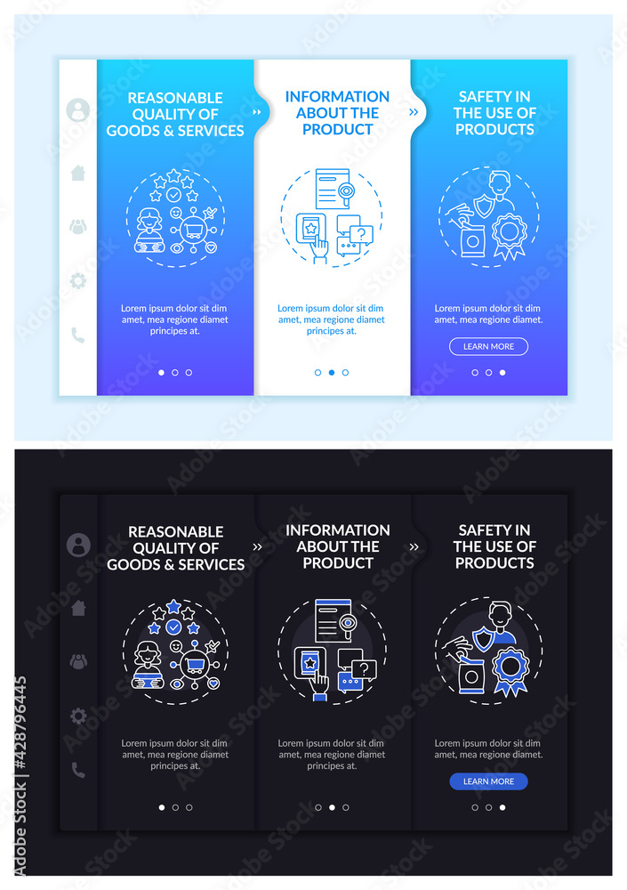 Poster key buyer rights onboarding vector template. responsive mobile website with icons. web page walkthro