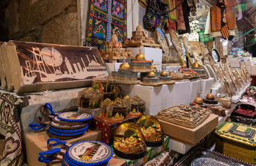 Counters with souvenirs in the market near the Cotton Gate from the Temple Mount, in the old city...