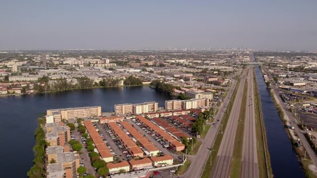 Aerial lateral flyover okeechobee road Miami Hialeah FL USA 4k