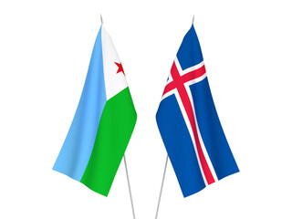 National fabric flags of Iceland and Republic of Djibouti isolated on white background. 3d rendering illustration.