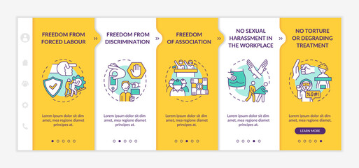 Migrant workers freedoms awareness onboarding vector template. Responsive mobile website with icons. Web page walkthrough 5 step screens. Migrants color concept with linear illustrations