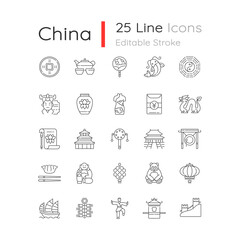 China linear icons set. Ancient Chinese traditions. Lunar New Year celebration. Eastern ceremonies. Customizable thin line contour symbols. Isolated vector outline illustrations. Editable stroke