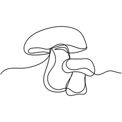 Continuous one line of edible mushroom in silhouette. Minimal style. Perfect for cards, party invitations, posters, stickers, clothing. Black abstract icon.