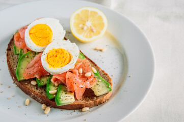 Healthy avocado toast with rye bread, salmon,seeds and egg on a plate