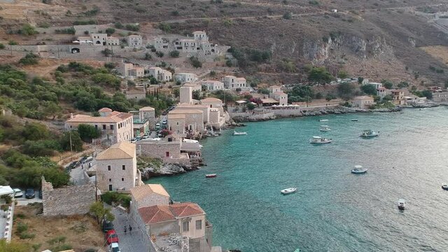 Iconic aerial view over the picturesque famous Limeni village in Mani area Laconia, Greece