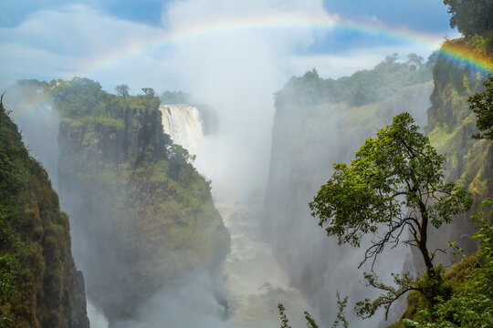 Victoria Falls, the Zambezi river waterfalls viewed from the cliffs of Zimbabwe