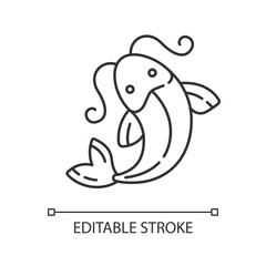 Koi fish linear icon. Traditional Japanese symbol of luck. Water pond creature. Chinese culture. Thin line customizable illustration. Contour symbol. Vector isolated outline drawing. Editable stroke