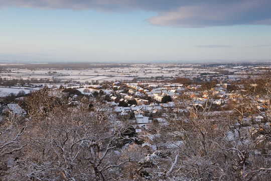 Aerial view of the Cotswolds town of Wotton Under Edge in the snow