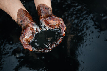 Hands are soaked in crude oil against the background of spilled petroleum products. The crisis of...