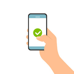 Flat design illustration of male hand holding touch screen mobile phone. Confirms and agrees on the display terms and conditions or license, vector