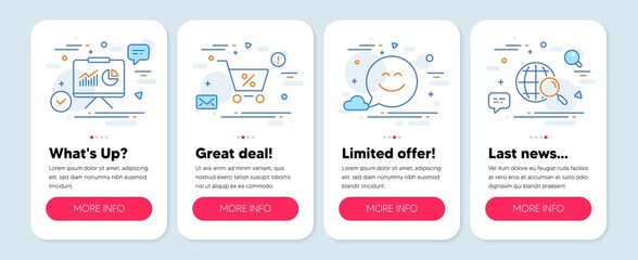 Set of Business icons, such as Presentation, Special offer, Smile chat symbols. Mobile screen banners. Web search line icons. Board with charts, Discounts, Happy face. Find internet. Vector