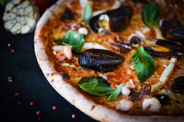 delicious italian pizza with fresh seafood